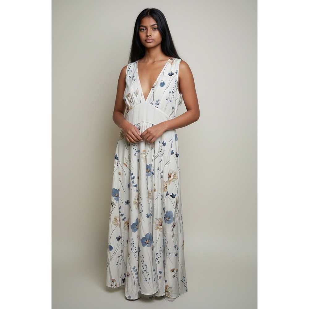 White Floral V-Neck Empire Waist Sleeveless Maxi Dress Blue Tan Small